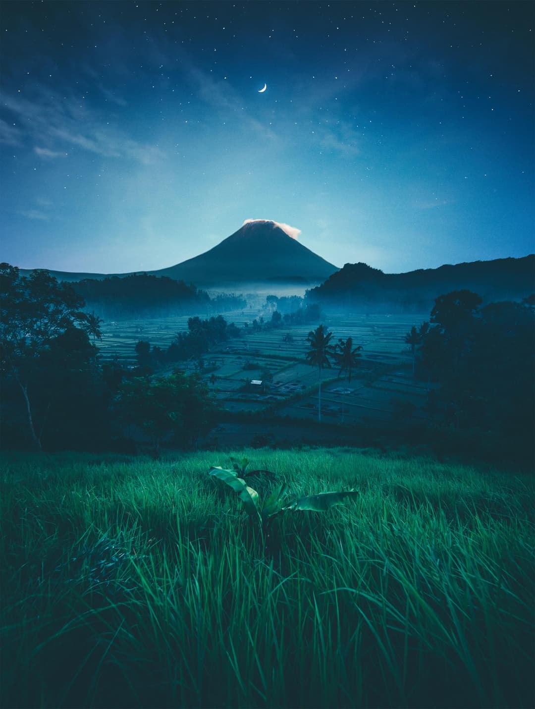 Prowall Free Wallpaper | A breathtaking view of a moonlit mountain with vivid green fields, creating a serene and magical atmosphere.