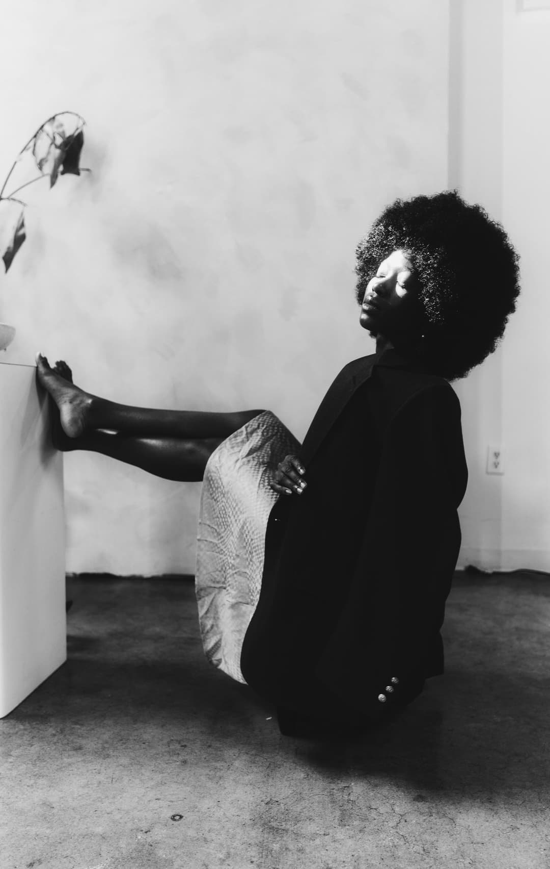 Prowall Free Wallpaper | Black and white portrait of a woman with afro hairstyle relaxing indoors, exuding an artistic and relaxed vibe.