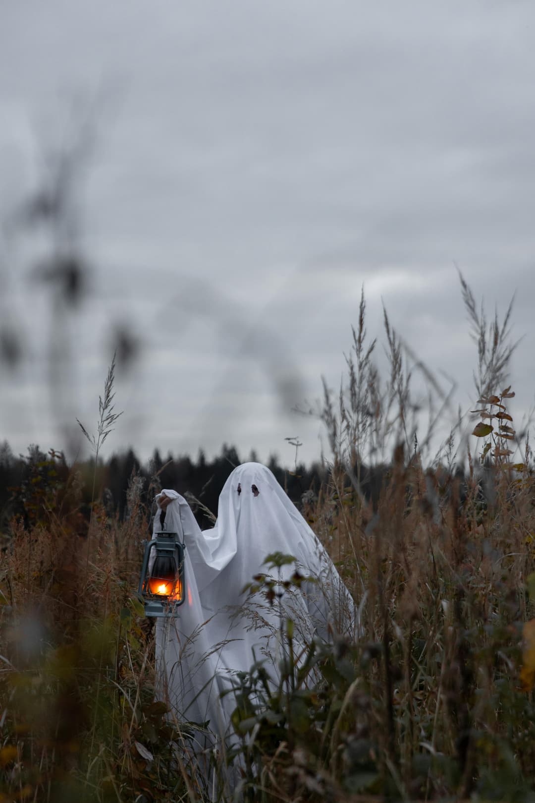 Prowall Free Wallpaper | Eerie ghostly figure holding a lantern in a misty field, perfect for Halloween themes.