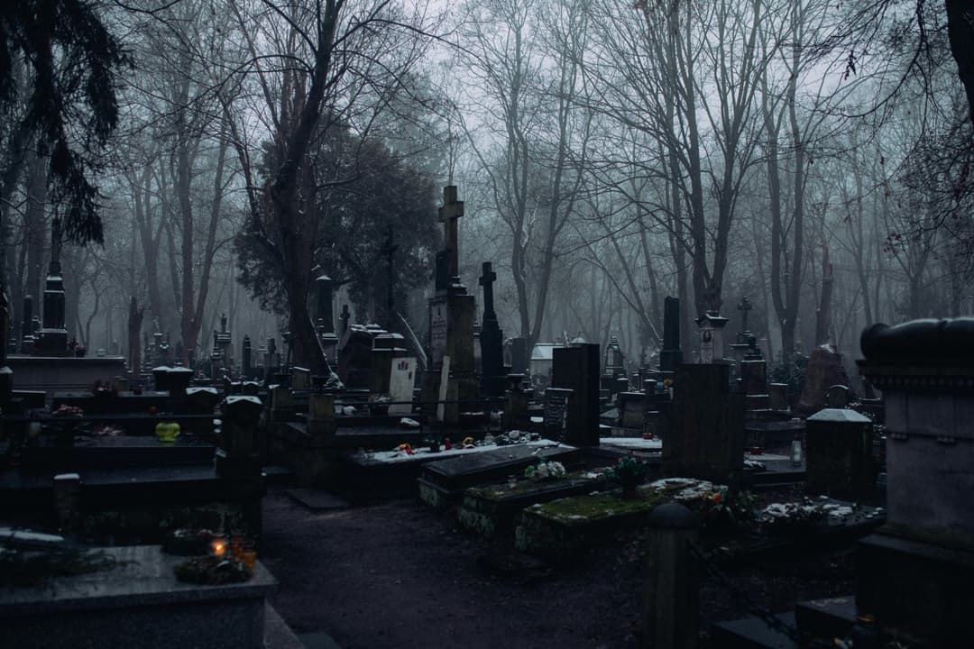 Prowall Free Wallpaper | Eerie winter cemetery scene with fog and numerous gravestones and crosses.
